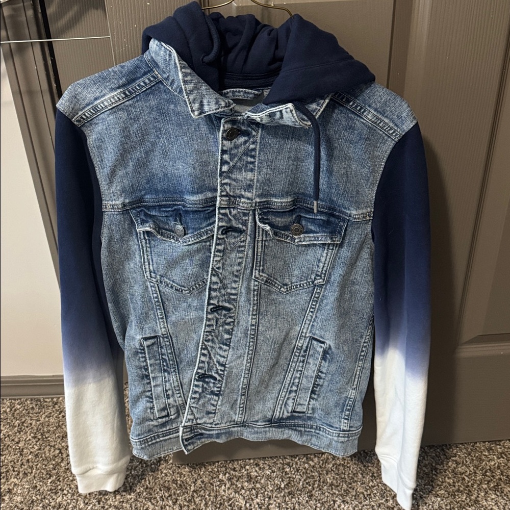 Hollister Blue and White Denim Jacket with Hoodie